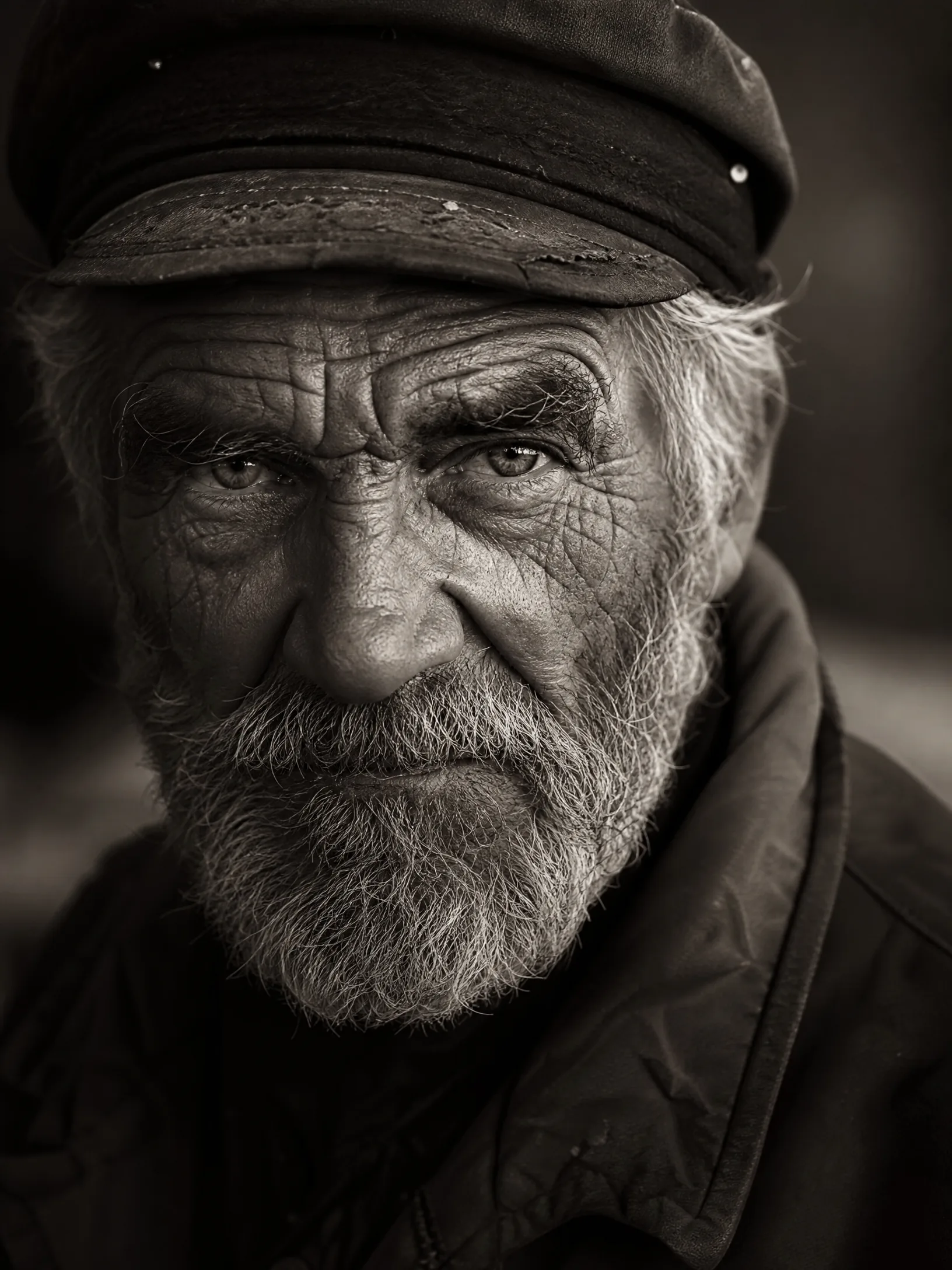人像摄影获奖作品：饱经风霜的老渔民侧光肖像